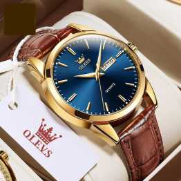 Olevs leather waterproof quartz fashion watch for men